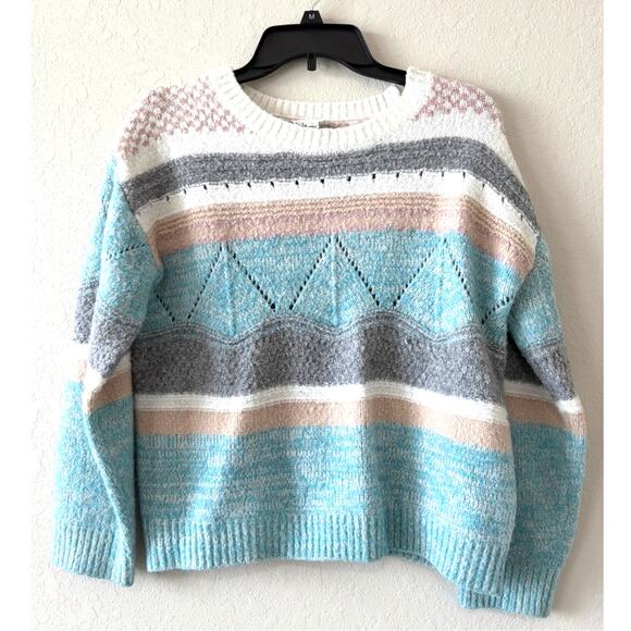 THML  Blue Pastel Color Block Pullover Knit Sweater Crewneck Women's Medium Cozy - Picture 1 of 7